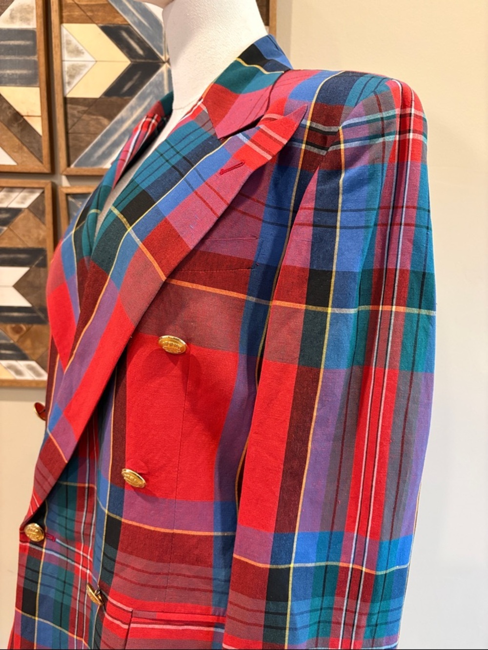 Vintage Ralph Lauren 80s Red Multi Plaid Double-Breasted Blazer Gold Buttons - Picture 5 of 16